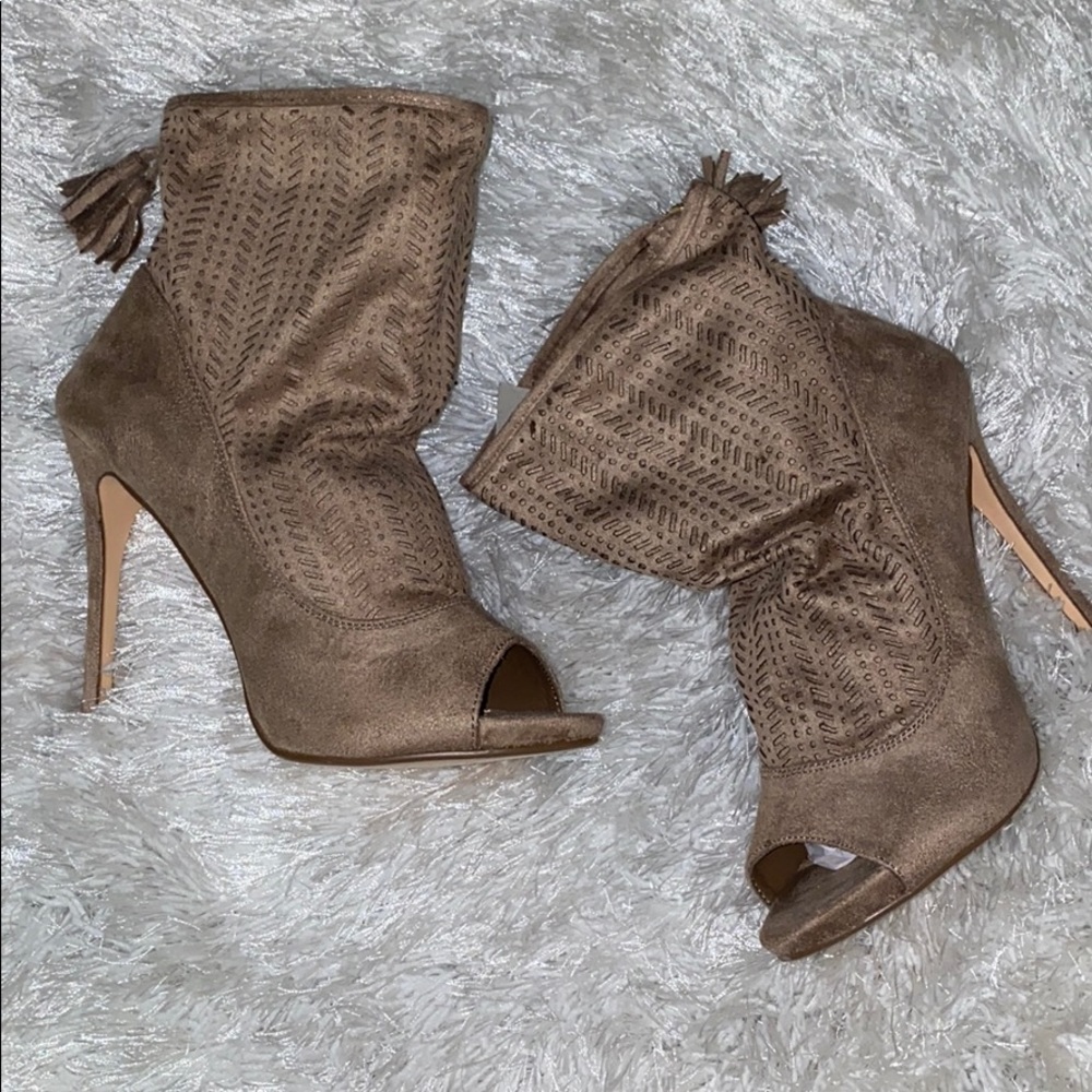 Tan peep toe faux suede booties